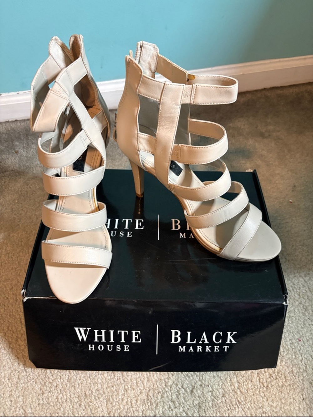 White House Black Market Women's Strappy Kenzie Heel Cream bone 8.5 EUC
